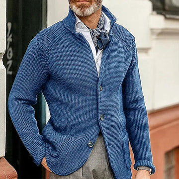 Men’s Knitted Cardigan – Tailored Fit – Stand Collar – Button Closure – Ribbed Detailing
