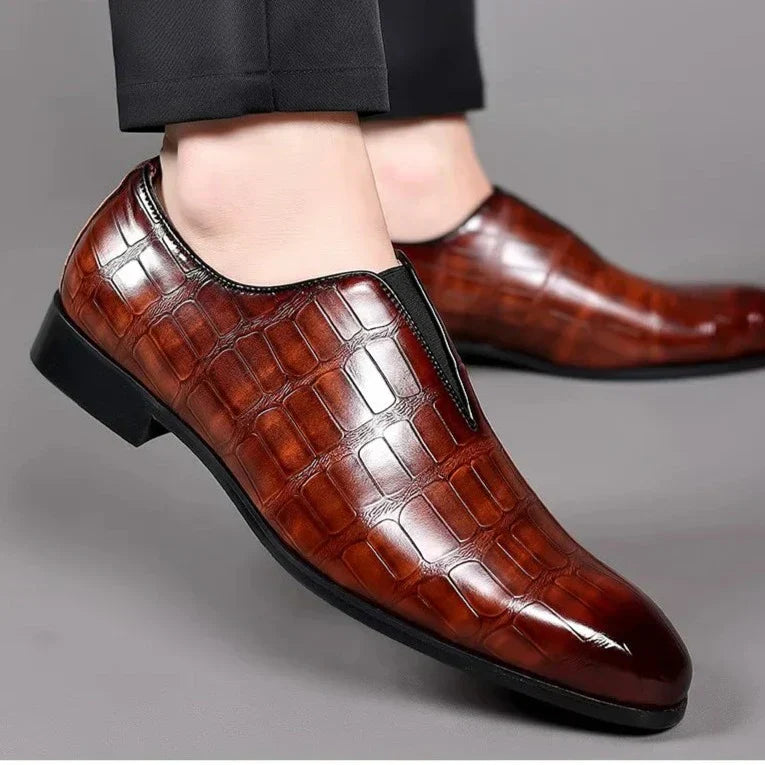 Men’s Leather Loafers – Embossed Texture – Slip-On with Elastic Gore – Formal Wear