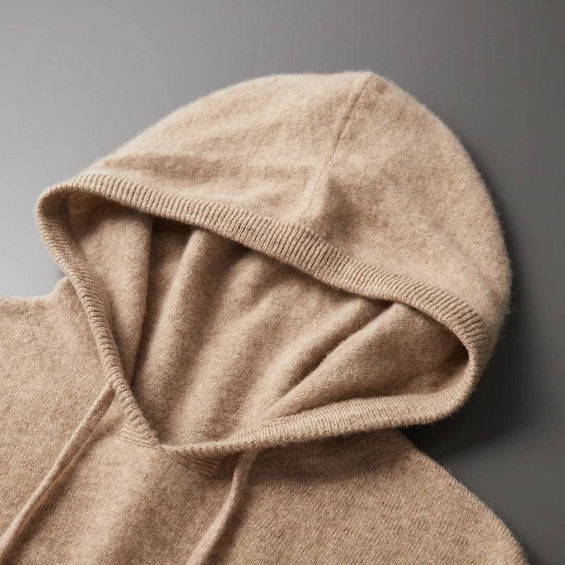 Men’s Hoodie – 100% Cashmere – Classic Fit – Soft Knit – Drawstring Hood – Ribbed Cuffs