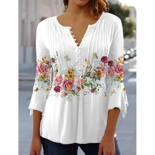 Women's Blouse - Floral Pattern - V-Neck with Buttons - Three-Quarter Flared Sleeves - Relaxed Fit Breathable Fabric