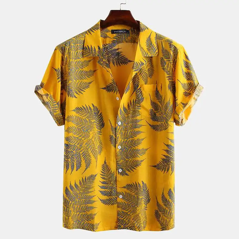 Hawaiian leaf print button down shirt for men
