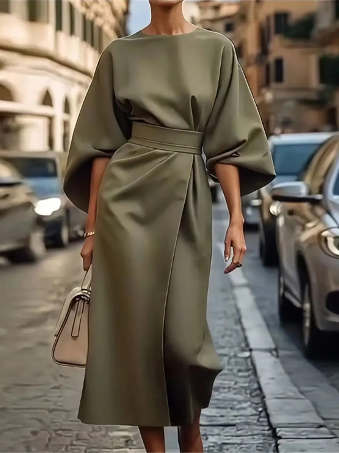 Women's Midi Dress – Structured A-Line – Belted Waist – Bell Sleeve – Breathable Blend