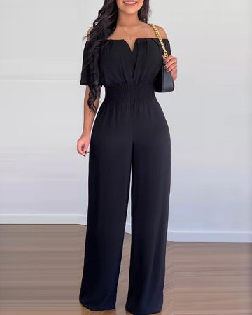 Women's Off-Shoulder Jumpsuit - Ruched Bodice - Smocked Waist - Wide-Leg Flowy Design