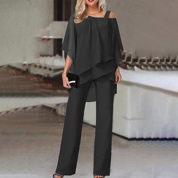 Women’s Two-Piece Set – Cold Shoulder Top and Wide-Leg Trousers – Relaxed Fit