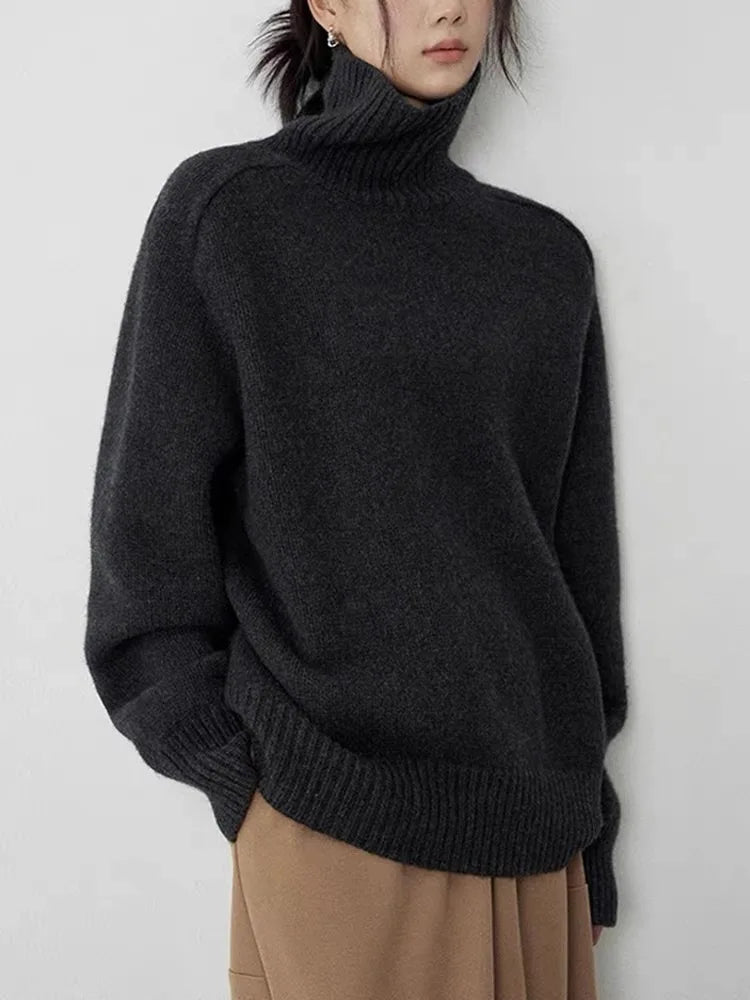 Women’s High-Neck Sweatshirt – Wool Blend – Oversized Fit – Ribbed Trim Casual Pullover