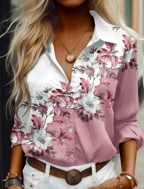 Women's Floral Blouse - Button Down - Classic Collar - Long Sleeve - Lightweight Flowing Fabric