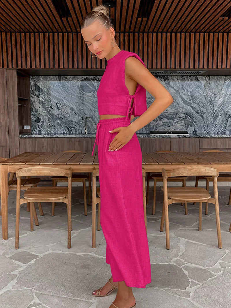 Women's Linen Two-Piece Set – Crop Top and Matching Pants