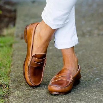 Women's Leather Penny Loafers - Classic Slip-On - Moccasin Style - Low Heel Elegant Wear