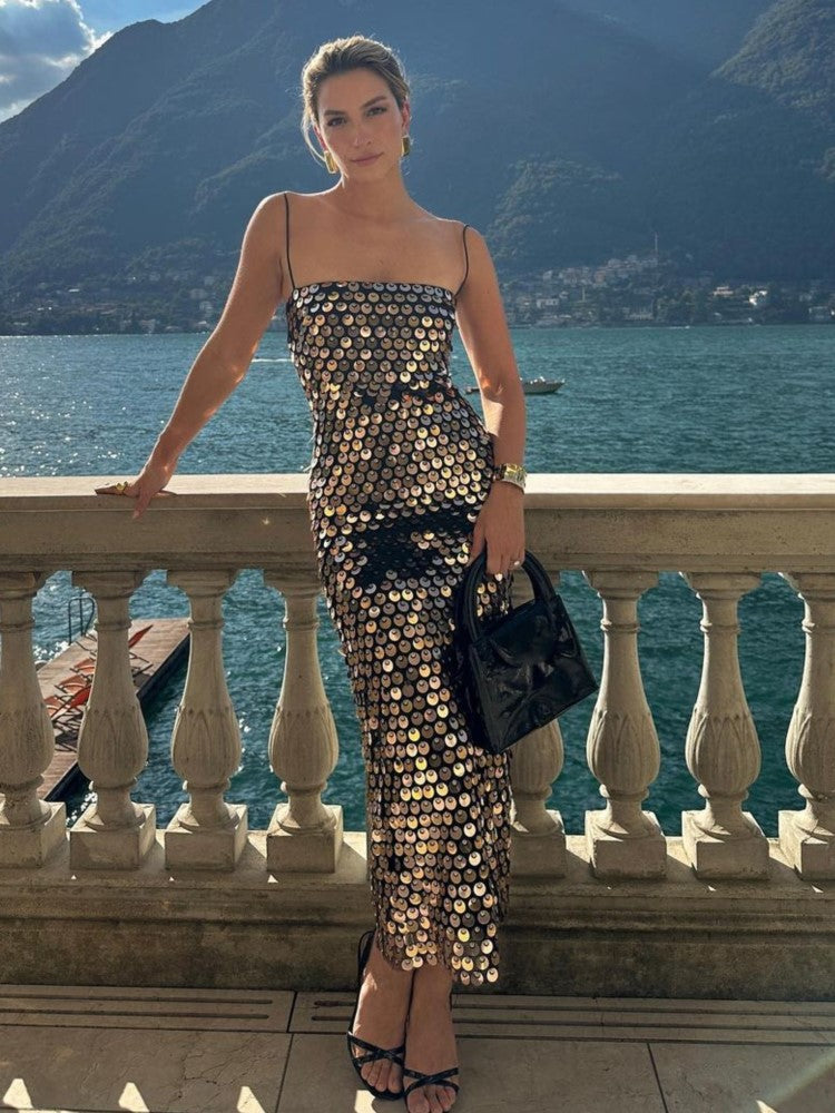 Women's Sequin Midi Dress - Bodycon Fit - Spaghetti Straps - Evening Partywear