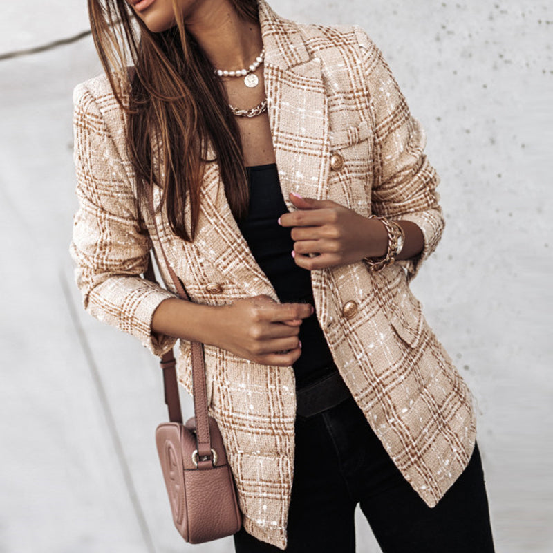 Women's Tweed Blazer - Double-Breasted - Tailored Fit - Textured Check Pattern