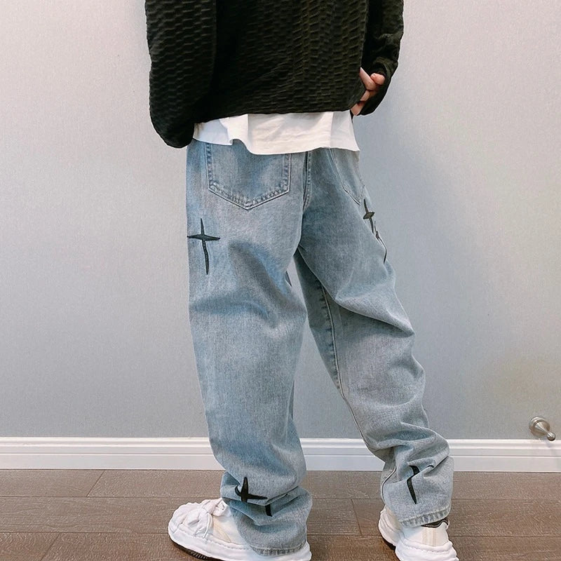 Men’s Baggy Jeans – Wide Leg Fit – Street Style Graphic Print – Casual Denim