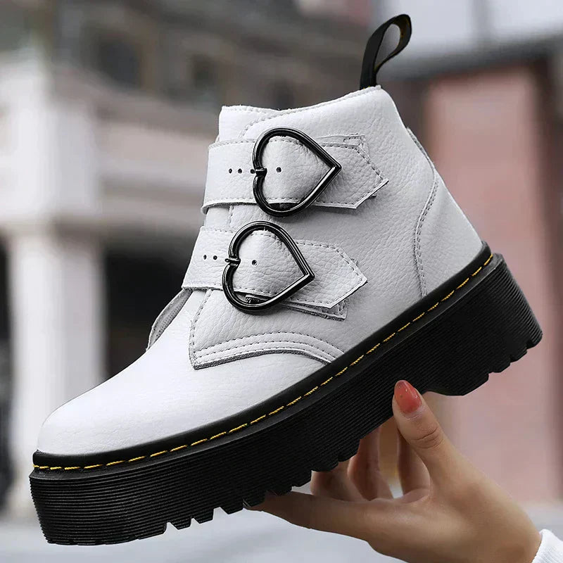 Women’s Ankle Boots – Chunky Sole – Heart Buckles – Faux Leather – Structured Fit