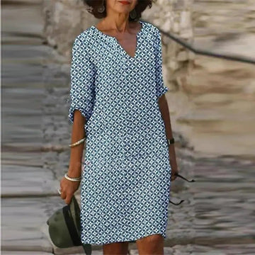 Women's Dress - Knee-Length Relaxed Fit - V-Neck - Three-Quarter Sleeve Patterned Casual Wear