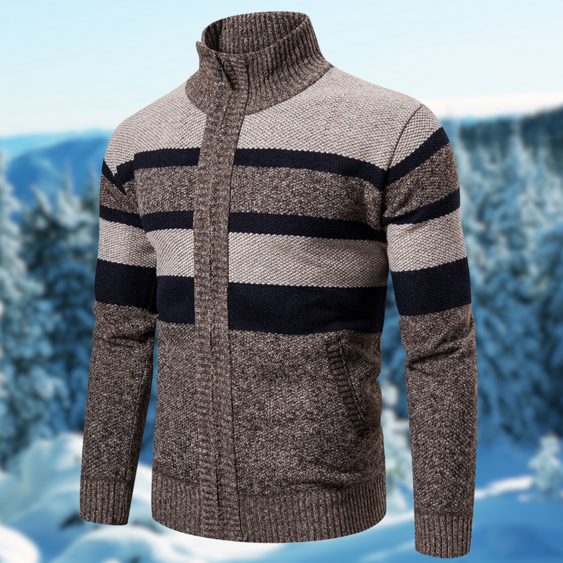Men’s Knit Jacket – Regular Fit – Full Zip – Ribbed Mock Neck – Textured Stripes