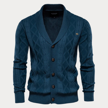 Men’s Cardigan – Regular Fit – Knit Texture – Shawl Collar – Button-Up Heritage Style