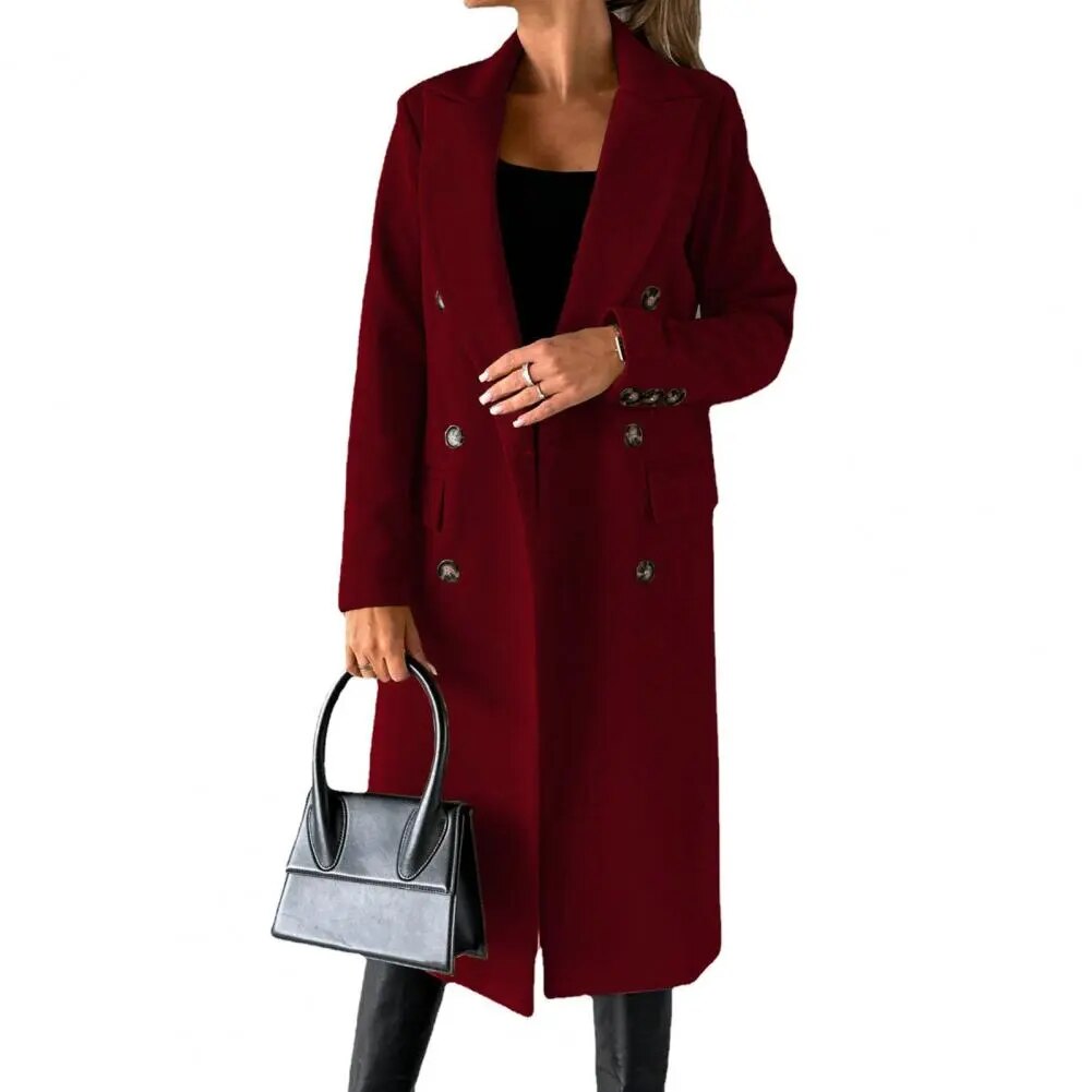 Women's Long Coat - Double Breasted - Tailored Fit - Notched Lapels - Formal Elegant Wear