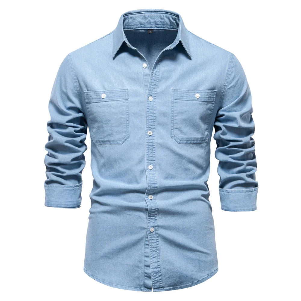 Men’s Denim Shirt – Slim Fit – Button Down – Long Sleeve – Casual Smart Style