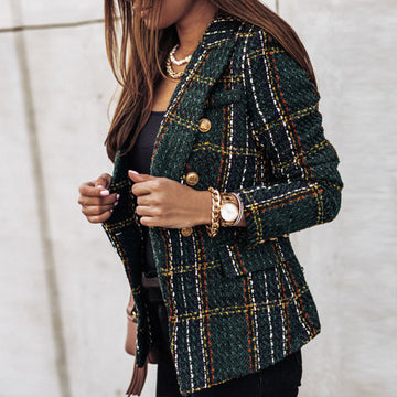 Women's Tweed Blazer - Double-Breasted - Tailored Fit - Textured Check Pattern