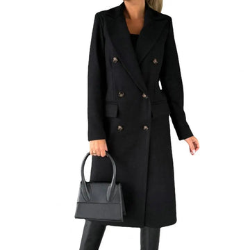 Women's Long Coat - Double Breasted - Tailored Fit - Notched Lapels - Formal Elegant Wear