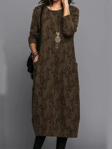 Women's Long Dress - Loose Fit - Round Neck - Long Sleeve - Casual with Pockets