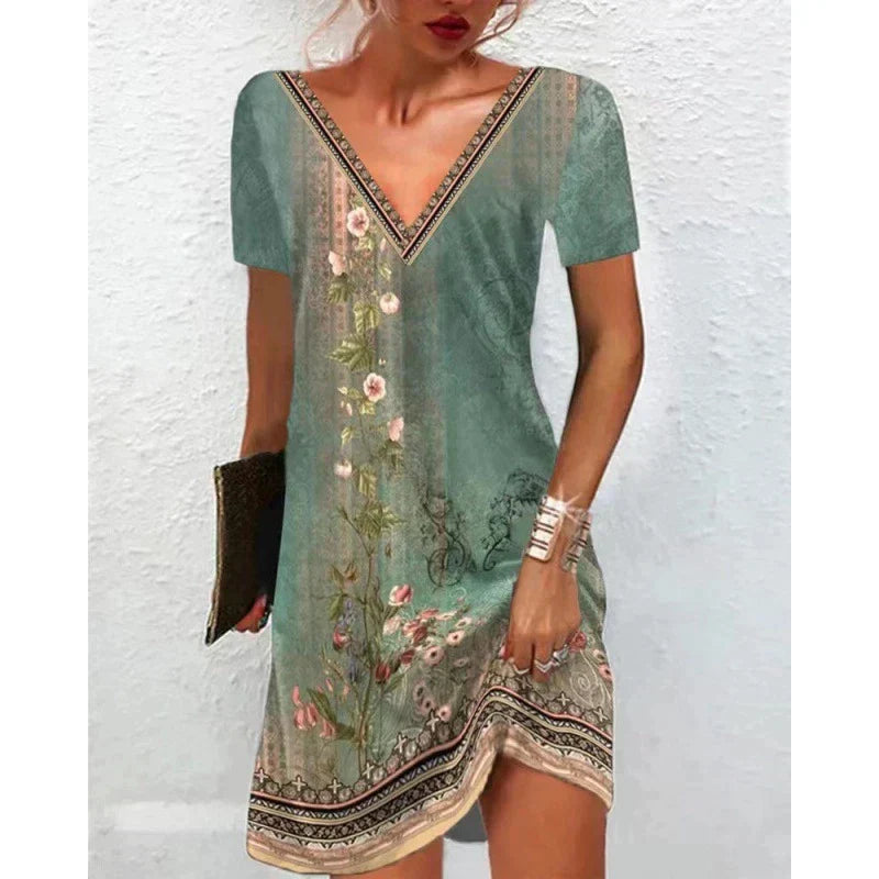 Women's Bohemian Dress - V-Neck - Short Sleeve - Lightweight Floral Print Casual Wear