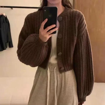 Women’s Cardigan – Wool Blend Knit – Loose Fit – Cropped Length – Balloon Sleeve