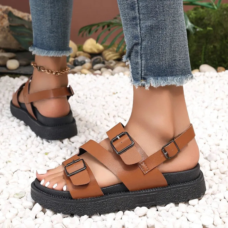 Women’s Sandals – Vegan Leather – Flat Sole – Adjustable Buckle Straps – Open Toe