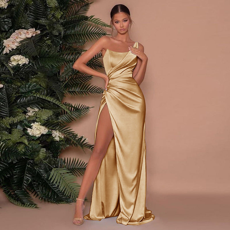 Women's Evening Gown - One-Shoulder Satin - Floor-Length with High Slit - Elegant Fit