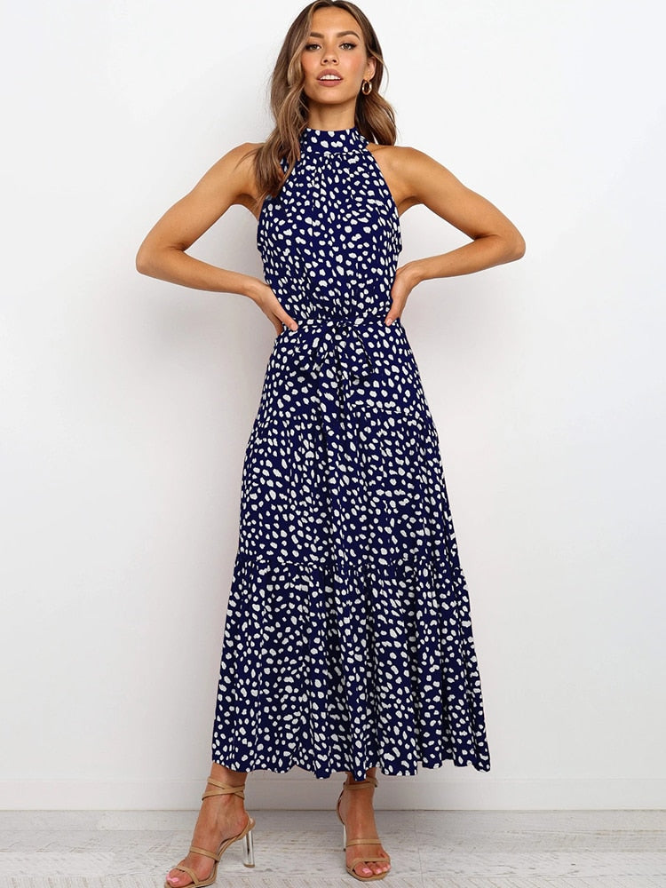 Women’s Midi Dress – Fit and Flare – Polka Dot Print – Halter Neck – Tiered Skirt