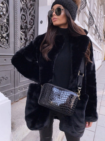 Women’s Faux Fur Coat – Oversized Fit – Mid-Thigh Length – Open Front Style