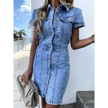 Women's Denim Midi Dress - Button-Down - Fitted Waist - Short Sleeve - Shirt Collar
