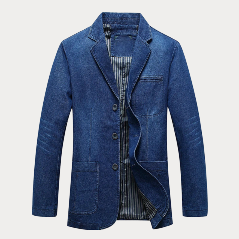 Men’s Denim Blazer – Tailored Fit – Notched Lapel – Smart Casual Structured Style