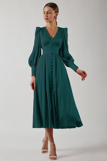 Women's Midi Dress - A-Line Silhouette - V-Neck - Long Bishop Sleeves - Elegant Fit