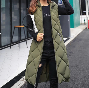 Women’s Quilted Vest – Long Relaxed Fit – Hooded – Zip Front – Diamond Stitch – Pockets