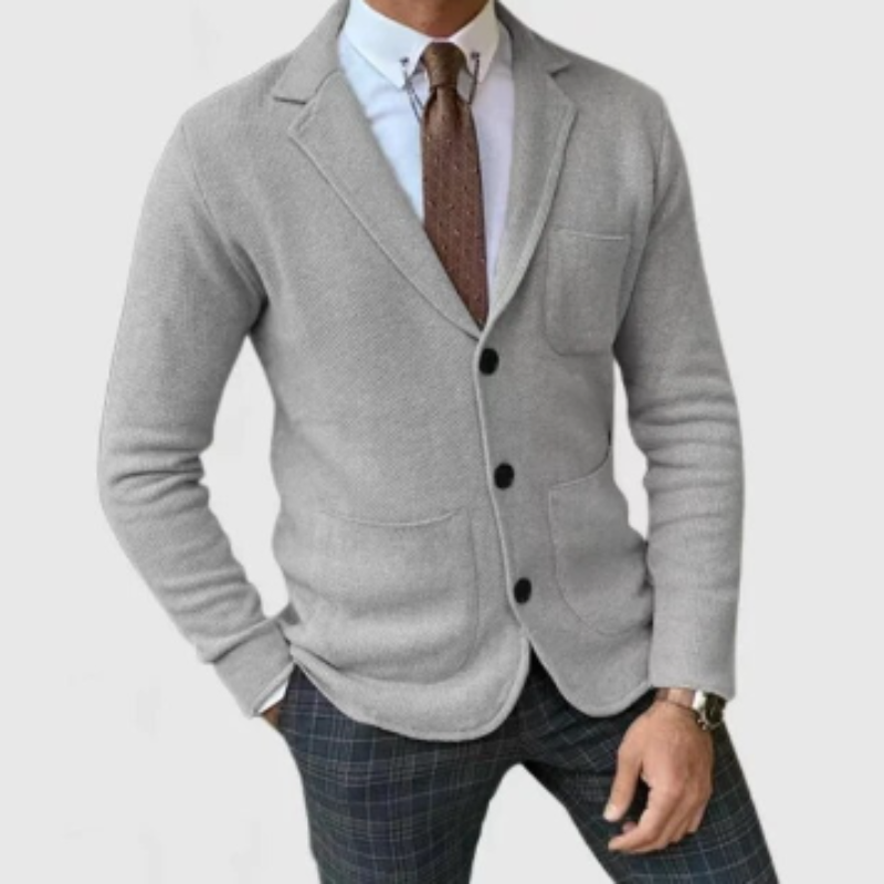 Men's Blazer Cardigan - Knitted Fabric - Tailored Fit - Notched Lapel - 3 Button Closure