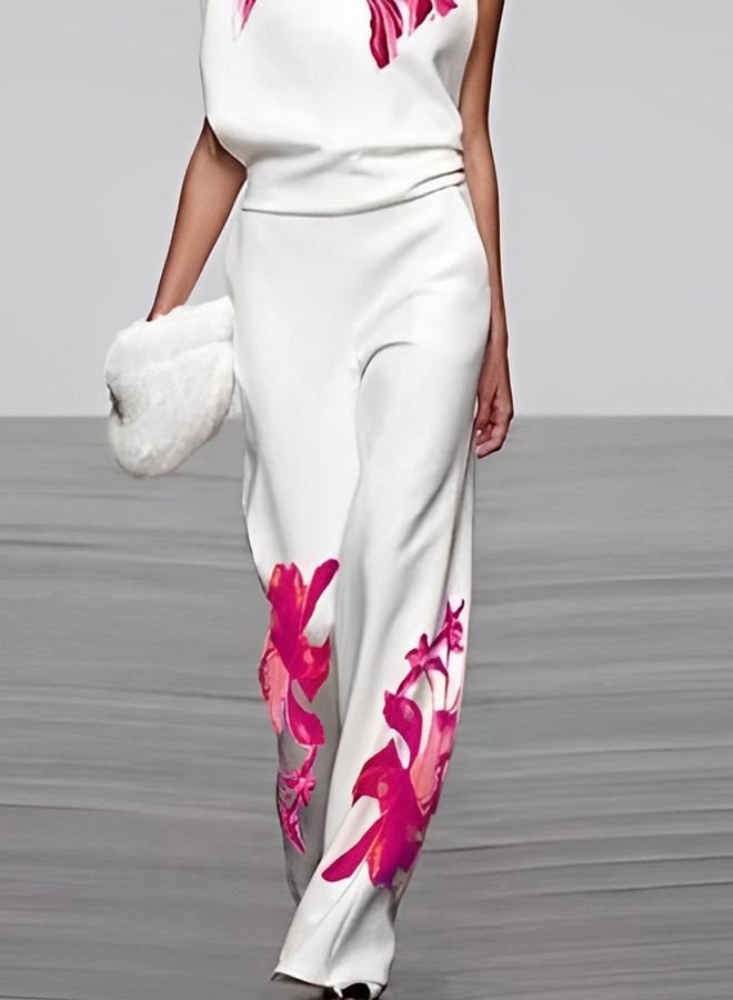 Women’s Co-ord Set – Sleeveless High Neck Top & Wide-Leg Trousers – Urban Floral
