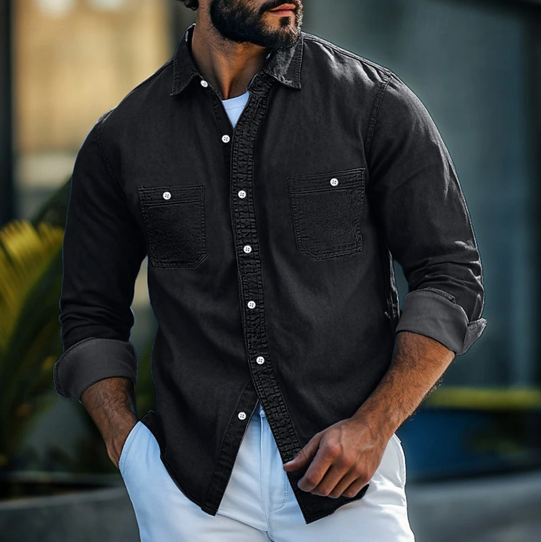 Men’s Denim Shirt – Regular Fit – Button-Up – Chest Pockets – Classic Collar