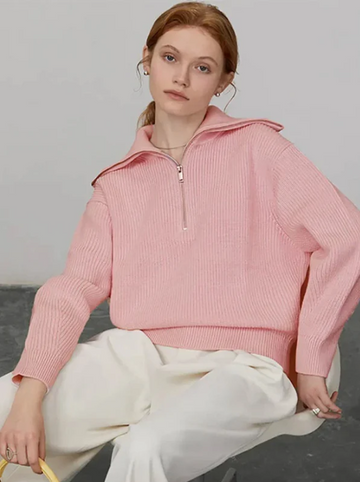 Women’s Pullover Sweater – Wool – Relaxed Fit – High Zip Collar – Ribbed Texture