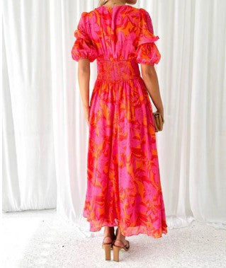 Women's Maxi Dress - Puff Sleeve - V-Neck - Floral Print - Flowing Elegant Fit