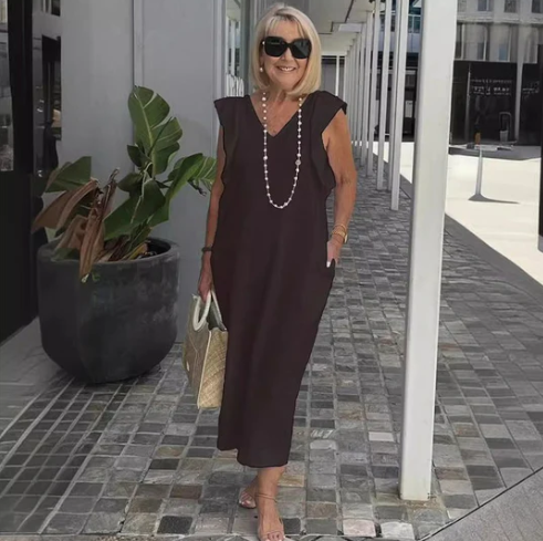 Women's Midi Dress - Cotton Linen Blend - Relaxed Fit - V-Neck Sleeveless Casual Wear