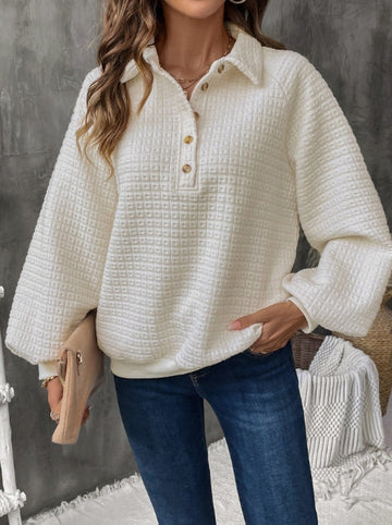 Women’s Sweatshirt – Oversized Fit – Textured Grid Knit – Half Placket – Balloon Sleeve