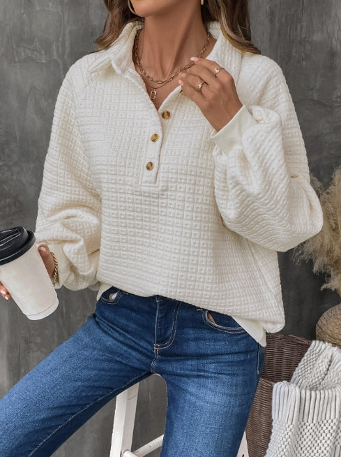 Women’s Sweatshirt – Oversized Fit – Textured Grid Knit – Half Placket – Balloon Sleeve