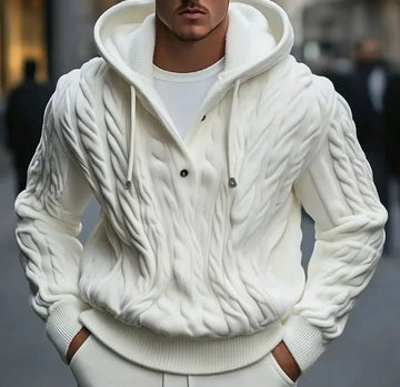 Men's Knit Hoodie – Cable Knit – Loose Fit – Drawstring Hood – Button Placket