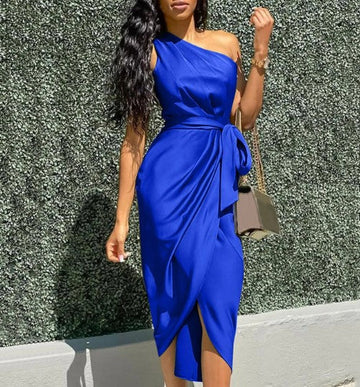 Women's One-Shoulder Midi Dress - Asymmetrical Fit - Waist Tie Detail - Elegant Draped Skirt