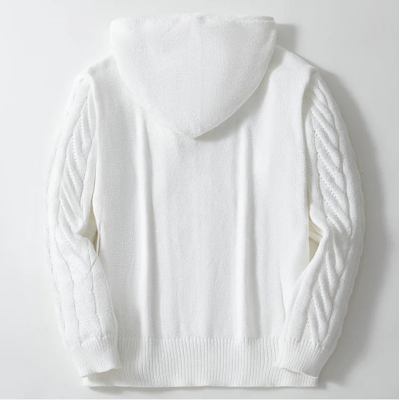 Men's Knit Hoodie – Cable Knit – Loose Fit – Drawstring Hood – Button Placket