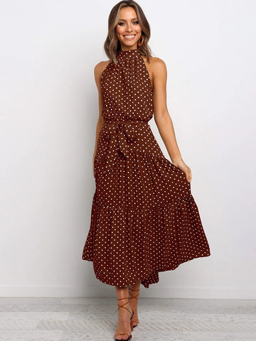 Women’s Midi Dress – Fit and Flare – Polka Dot Print – Halter Neck – Tiered Skirt