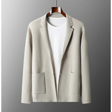 Men’s Wool Cardigan Jacket – Tailored Fit – Notched Lapel – Patch Pockets – Semi-Formal