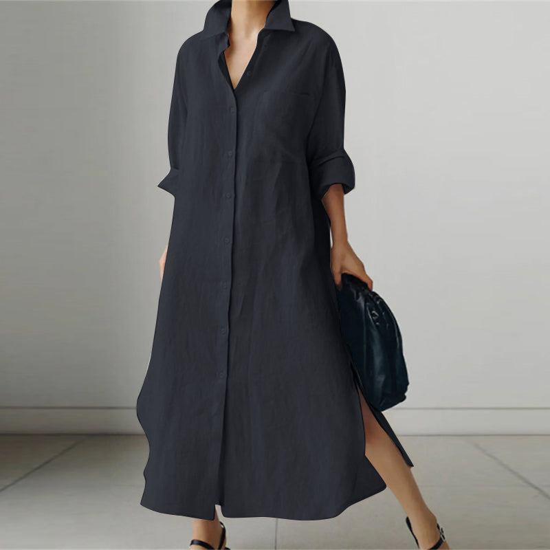 Women's Shirt Dress - Lightweight Linen Blend - Button-Down - Long Sleeve - Relaxed Fit