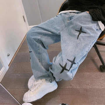 Men’s Baggy Jeans – Wide Leg Fit – Street Style Graphic Print – Casual Denim