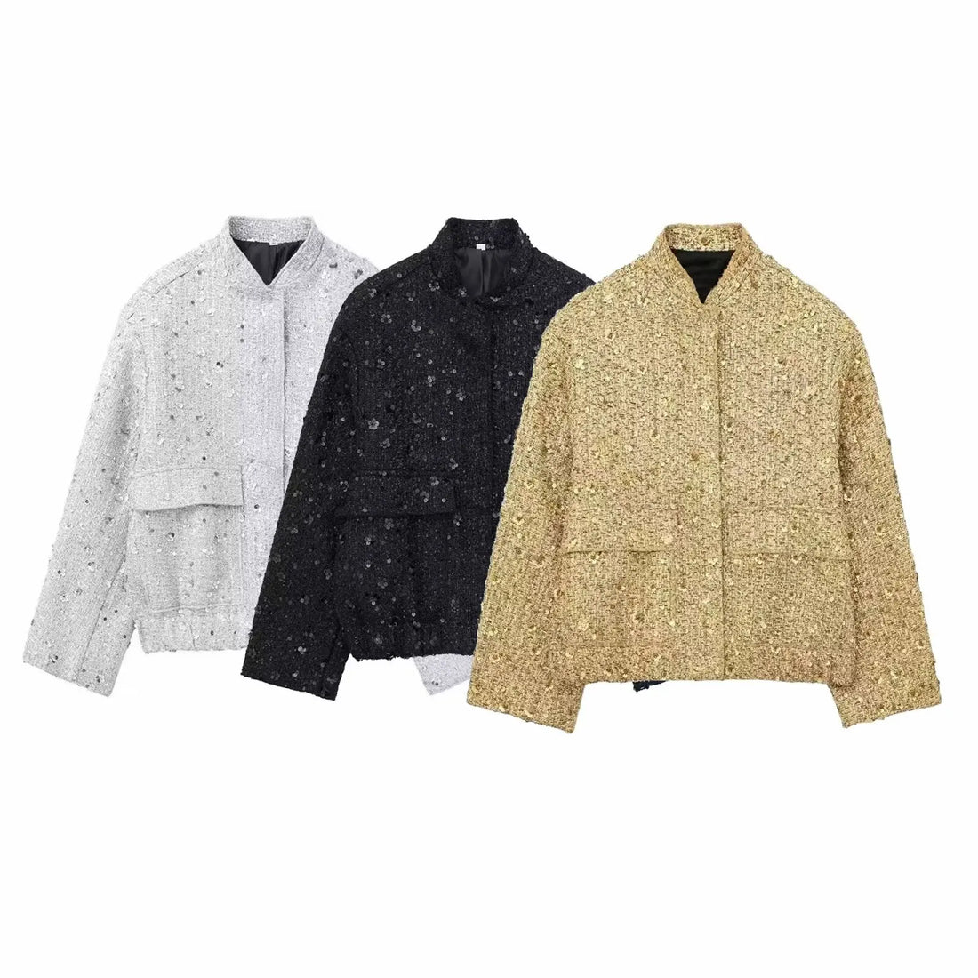 Women’s Bomber Jacket – Relaxed Fit – Cropped Sequin Design – Casual Statement Style
